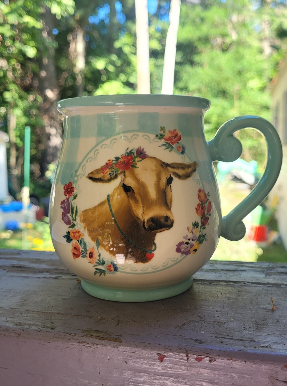 Pioneer Women Ginghan Stoneware Cow Mug Blue Floral 16oz Farmhouse